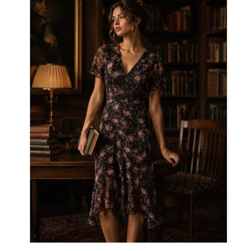 Express Floral Chiffon High Low Dress Black Dark Academia S romance ruffle boho